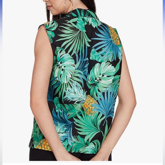 Tropical Sleeveless Button Up Collared Non-Wrinkle Tank Top Shirt - Picture 3 of 6